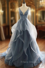 Blue V-neck Lace Appliques Tulle Spaghetti Straps Formal Prom Dress