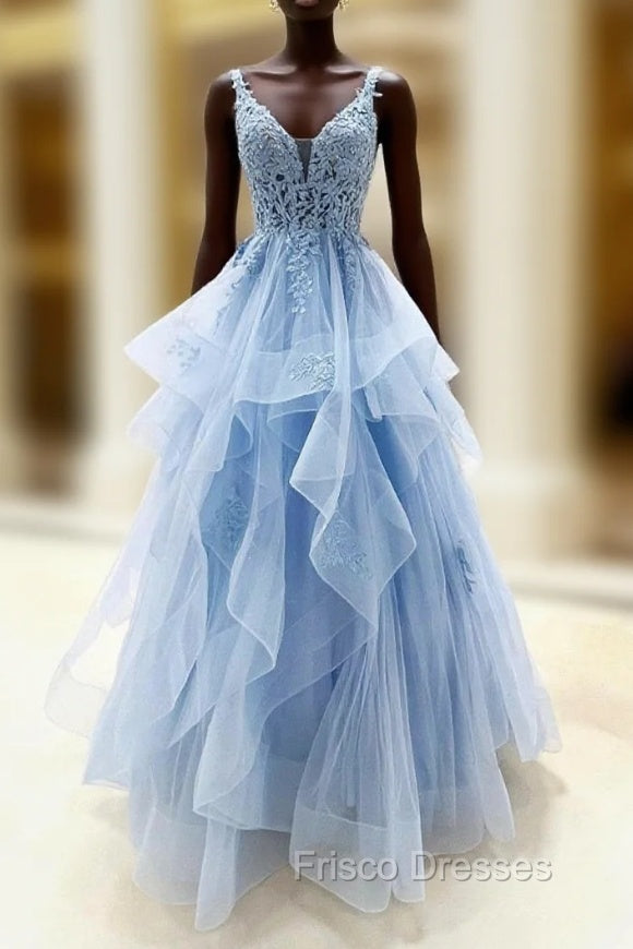 Blue V-Neck Lace Long Formal Prom Dress, Blue Tulle Layers Formal Evening Dress Main image