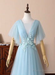 Blue V-Neck Lace Long Prom Dresses, A-Line Evening Dresses
