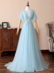 Blue V-Neck Lace Long Prom Dresses, A-Line Evening Dresses