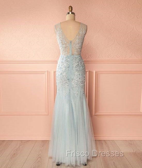 Blue V Neck Lace Tulle Long Formal Prom Dress, Blue Lace Evening Dress For Teens Secondary image