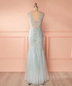 Blue V Neck Lace Tulle Long Formal Prom Dress, Blue Lace Evening Dress For Teens
