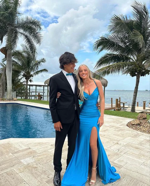 Blue V Neck Mermaid Long Prom Dress With Split Secondary image