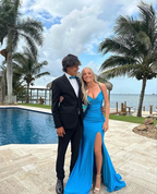 Blue V Neck Mermaid Long Prom Dress With Split
