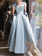 Blue V Neck Satin Beads Long Prom Dress, Blue Evening Dress