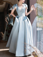 Blue V Neck Satin Beads Long Prom Dress, Blue Evening Dress