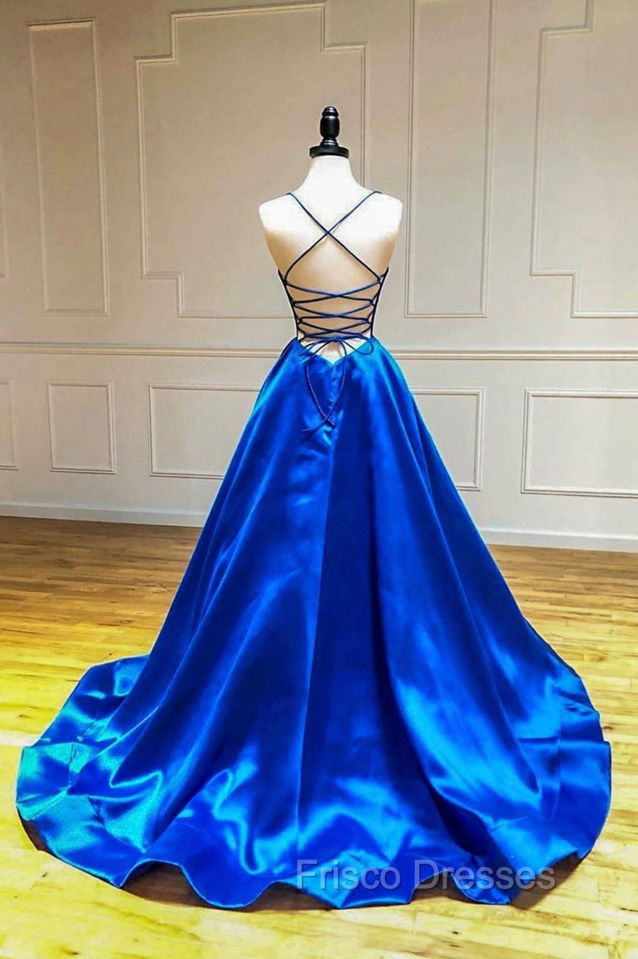 Blue V-Neck Satin Long Evening Dress, A-Line Backless Formal Prom Dress Secondary image