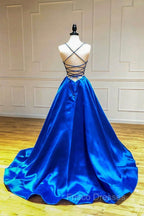Blue V-Neck Satin Long Evening Dress, A-Line Backless Formal Prom Dress