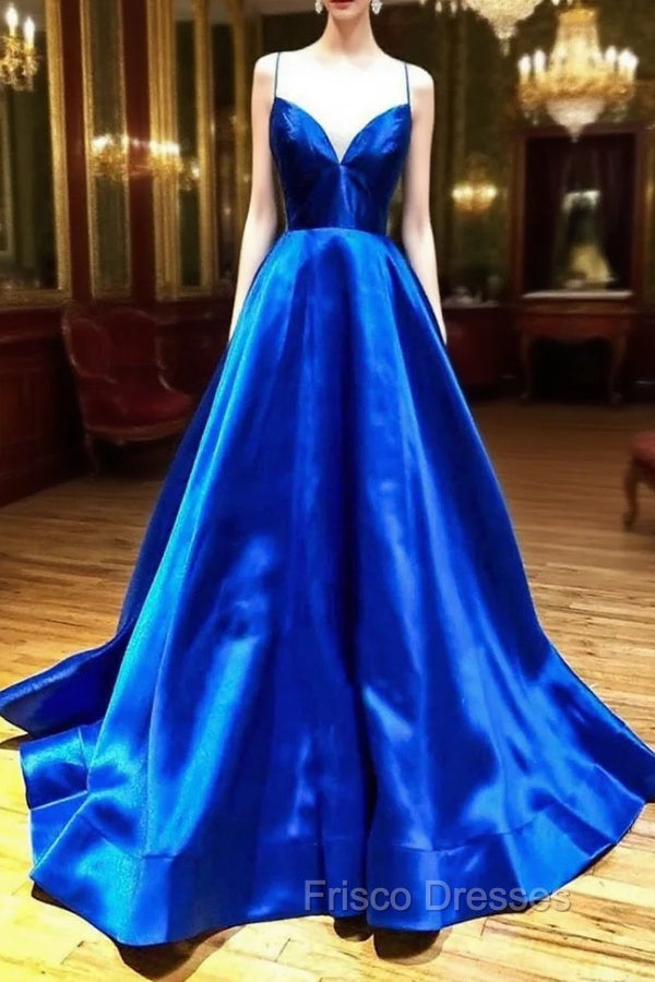 Blue V-Neck Satin Long Evening Dress, A-Line Backless Formal Prom Dress Main image