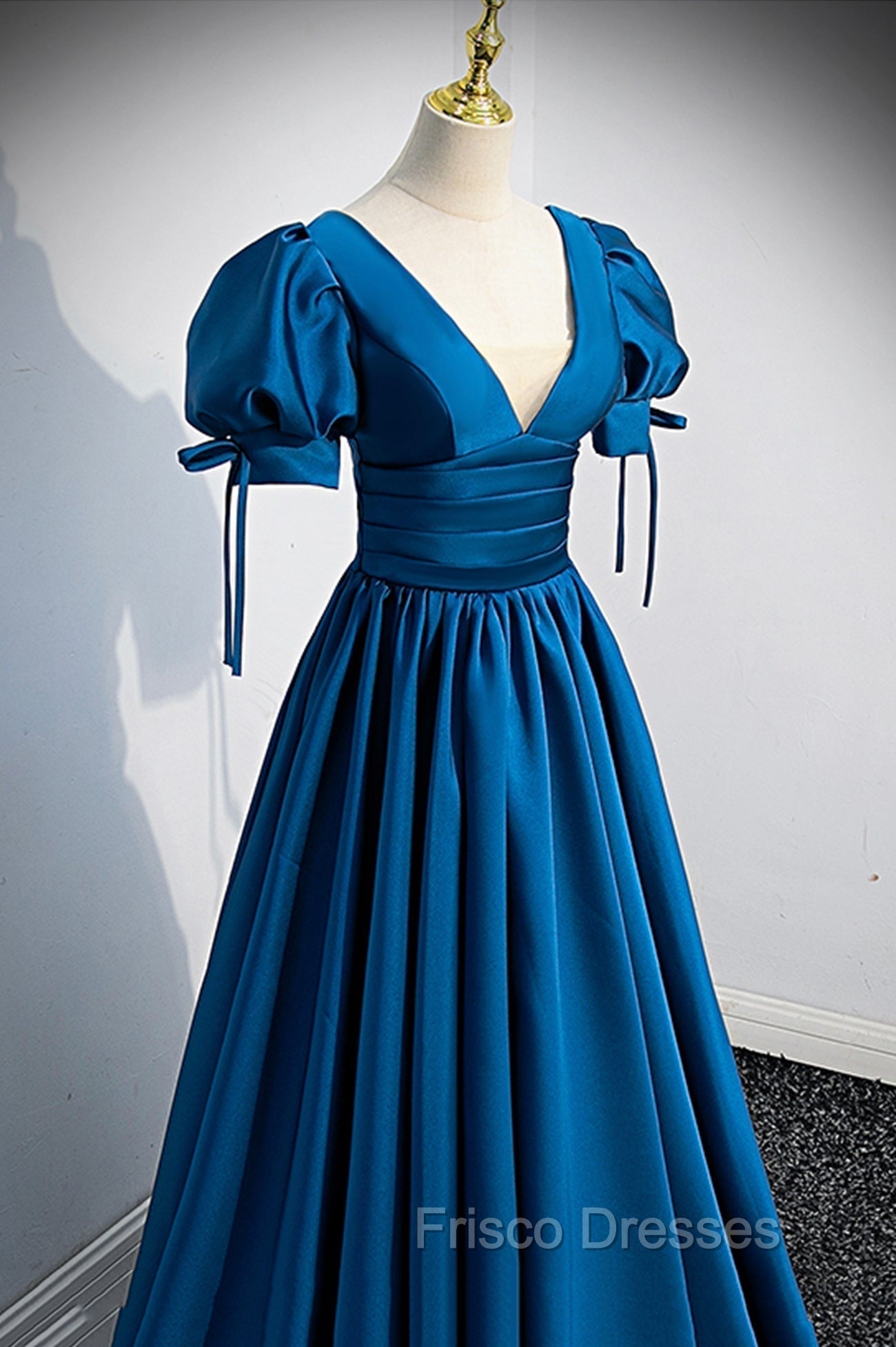 Blue V-Neck Satin Long Formal Prom Dress, A-Line Short Sleeve Evening Dress Secondary image