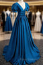 Blue V-Neck Satin Long Formal Prom Dress, A-Line Short Sleeve Evening Dress