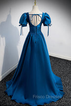 Blue V-Neck Satin Long Formal Prom Dress, A-Line Short Sleeve Evening Dress