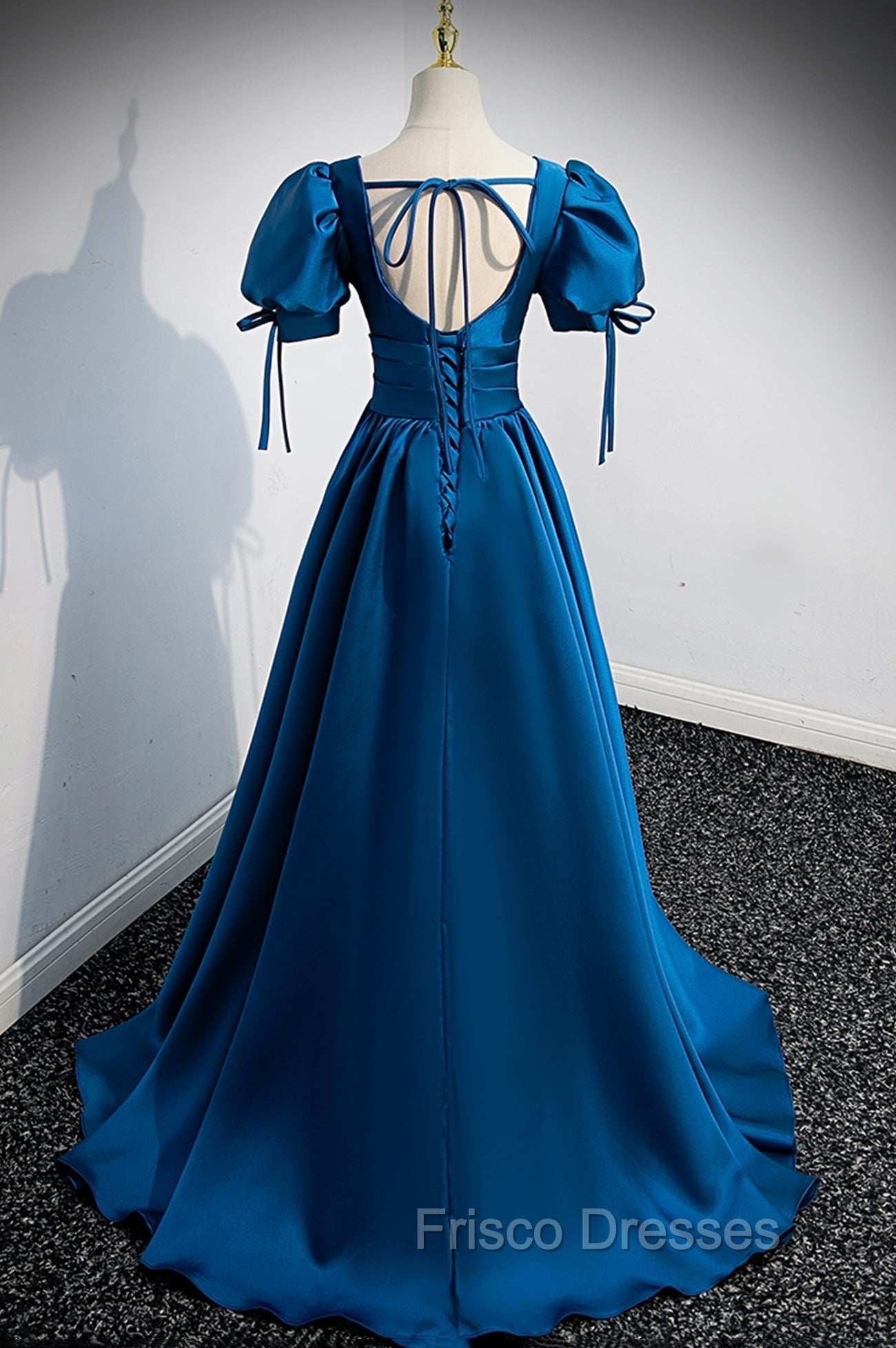 Blue V-Neck Satin Long Formal Prom Dress, A-Line Short Sleeve Evening Dress