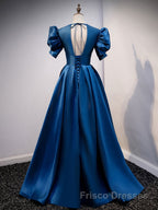 Blue v neck satin long Formal Prom Dresses blue satin evening Dresses