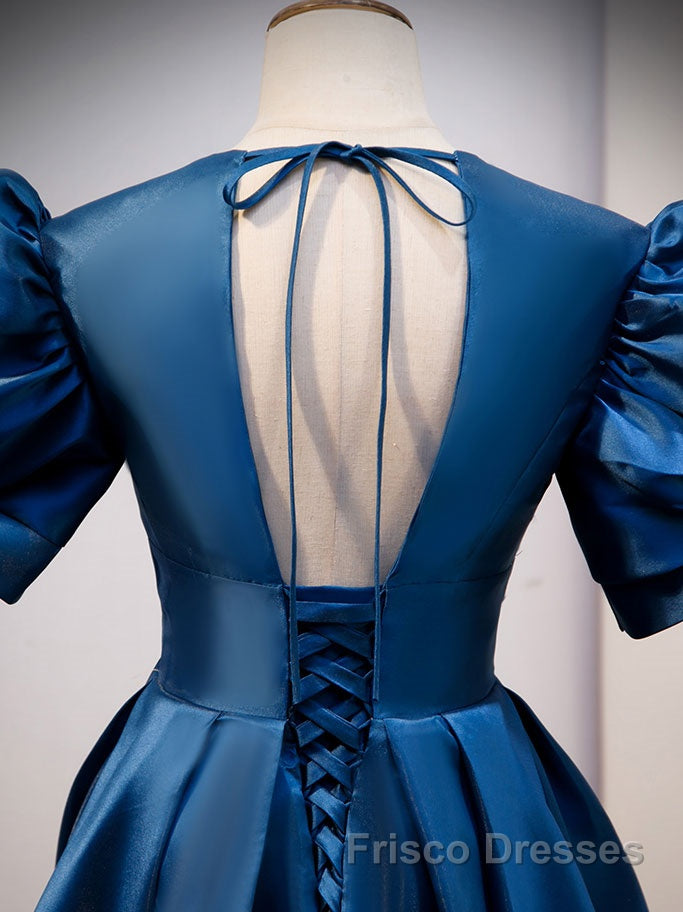 Blue v neck satin long Formal Prom Dresses blue satin evening Dresses