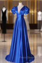 Blue V-Neck Satin Long Formal Prom Dress, Simple Blue Evening Party Dress