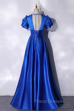 Blue V-Neck Satin Long Formal Prom Dress, Simple Blue Evening Party Dress