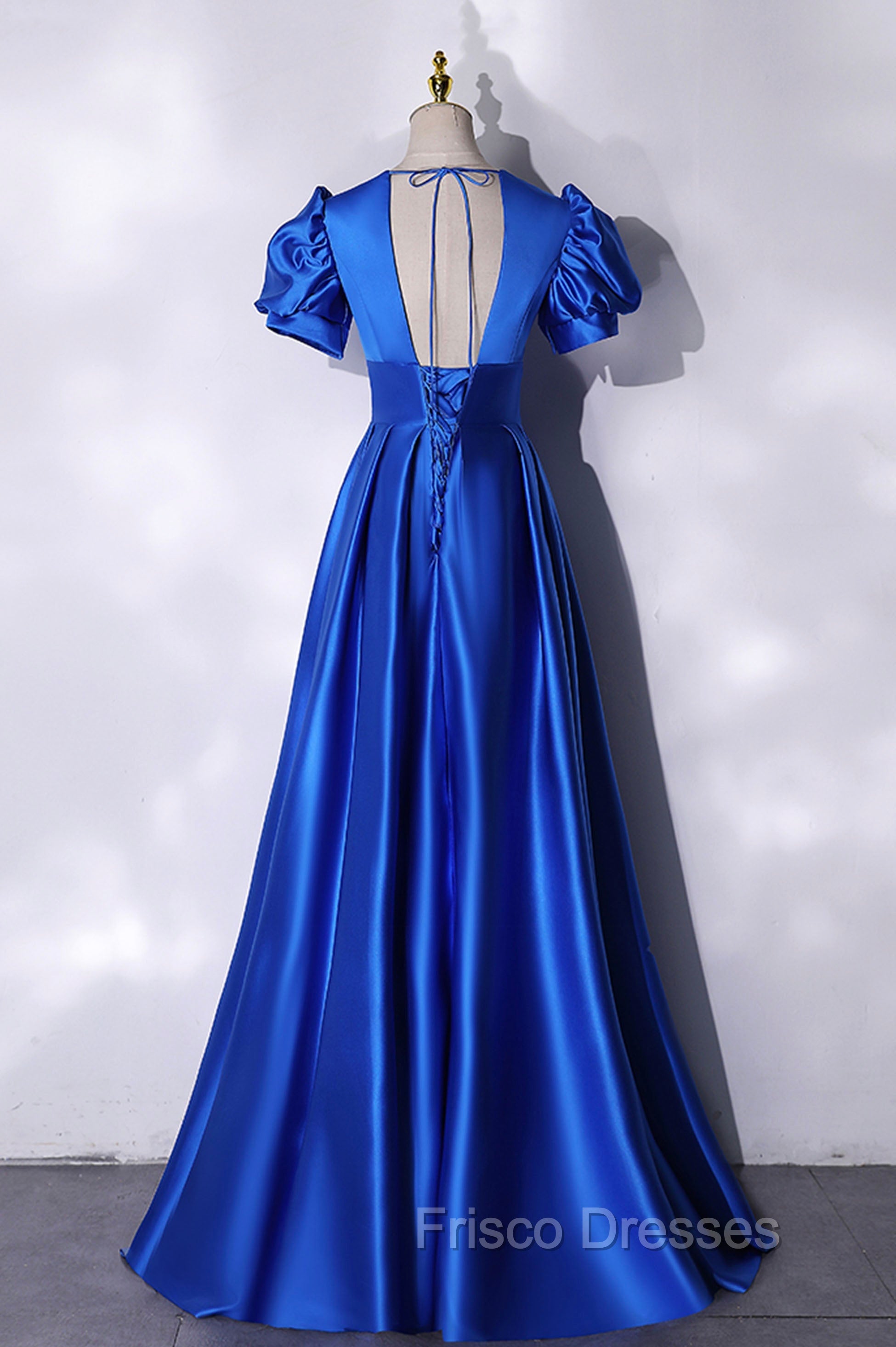 Blue V-Neck Satin Long Formal Prom Dress, Simple Blue Evening Party Dress