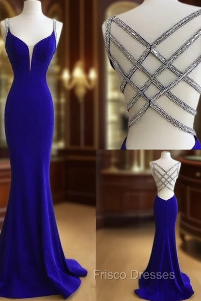 Blue V Neck Sequin Long Formal Prom Dress, Unique Blue Evening Dress Main image