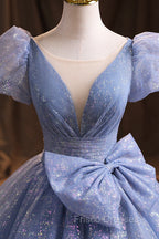 Blue V-Neck Shiny Tulle Long Formal Prom Dress, A-Line Short Sleeve Formal Dress
