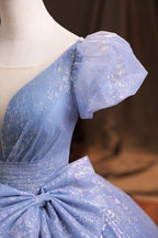 Blue V-Neck Shiny Tulle Long Formal Prom Dress, A-Line Short Sleeve Formal Dress