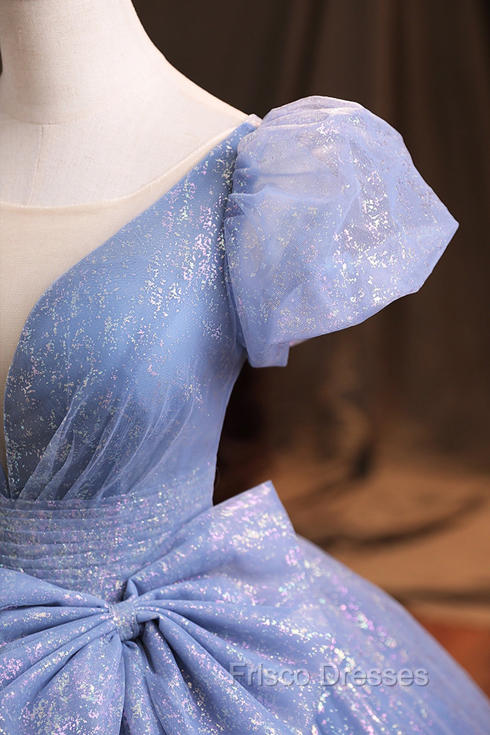 Blue V-Neck Shiny Tulle Long Formal Prom Dress, A-Line Short Sleeve Formal Dress