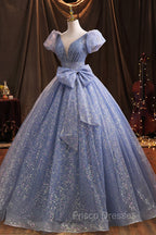 Blue V-Neck Shiny Tulle Long Formal Prom Dress, A-Line Short Sleeve Formal Dress