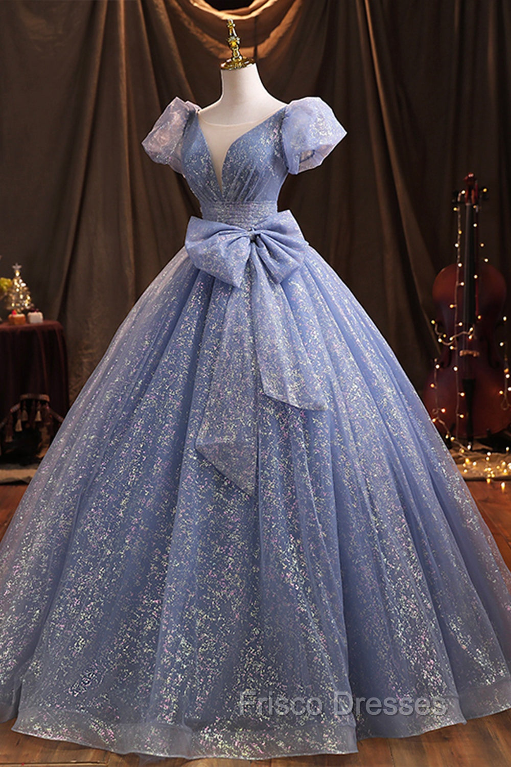 Blue V-Neck Shiny Tulle Long Formal Prom Dress, A-Line Short Sleeve Formal Dress