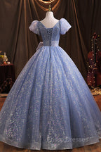Blue V-Neck Shiny Tulle Long Formal Prom Dress, A-Line Short Sleeve Formal Dress