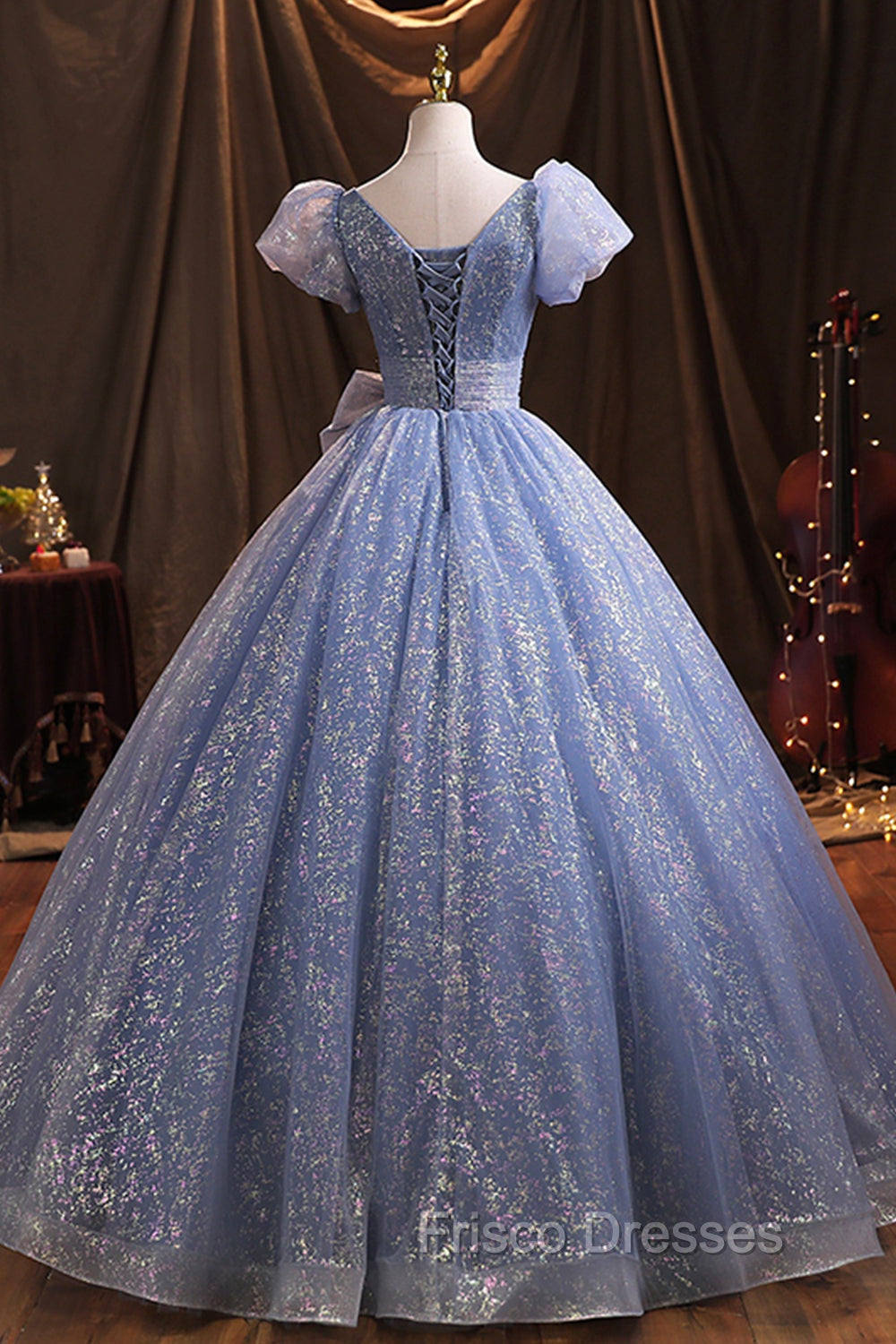 Blue V-Neck Shiny Tulle Long Formal Prom Dress, A-Line Short Sleeve Formal Dress