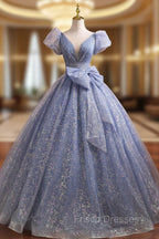 Blue V-Neck Shiny Tulle Long Formal Prom Dress, A-Line Short Sleeve Formal Dress