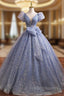 Blue V-Neck Shiny Tulle Long Formal Prom Dress, A-Line Short Sleeve Formal Dress