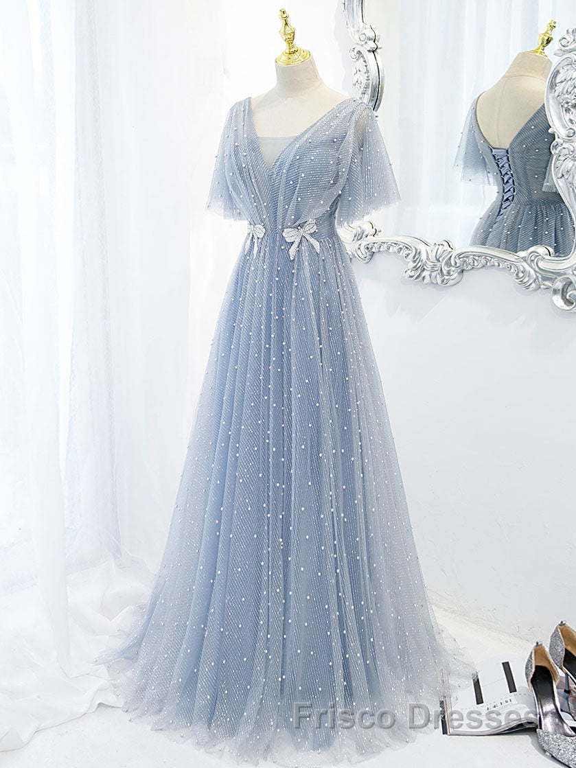 Blue v neck tulle beads long Formal Prom Dresses, blue tulle formal Dresses