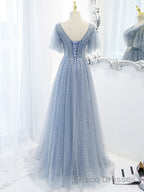 Blue v neck tulle beads long Formal Prom Dresses, blue tulle formal Dresses