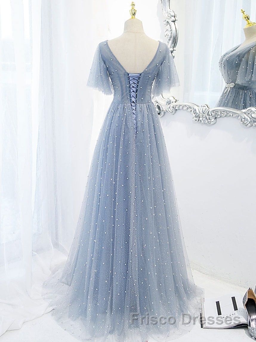 Blue v neck tulle beads long Formal Prom Dresses, blue tulle formal Dresses