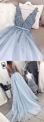 Blue V Neck Tulle Beads Long Prom Dress, Evening Dress