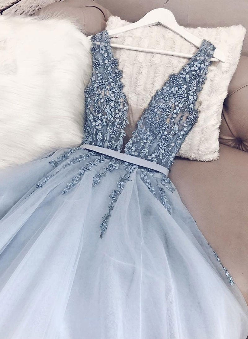 Blue V Neck Tulle Beads Long Prom Dress, Evening Dress Main image