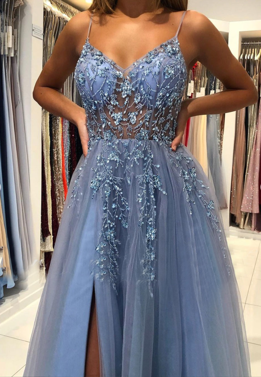 Blue V-Neck Tulle Beading Long Prom Dresses, Blue Graduation Dresses Secondary image