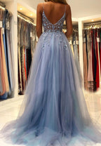 Blue V-Neck Tulle Beading Long Prom Dresses, Blue Graduation Dresses