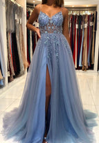 Blue V-Neck Tulle Beading Long Prom Dresses, Blue Graduation Dresses