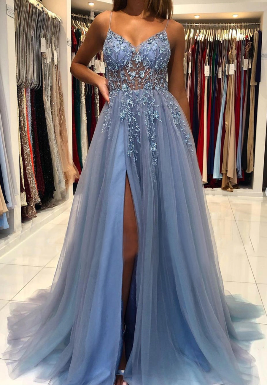 Blue V-Neck Tulle Beading Long Prom Dresses, Blue Graduation Dresses