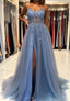 Blue V-Neck Tulle Beading Long Prom Dresses, Blue Graduation Dresses