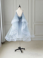 Blue V Neck Tulle Beads Short Formal Prom Dress, Blue Tulle Formal Dress