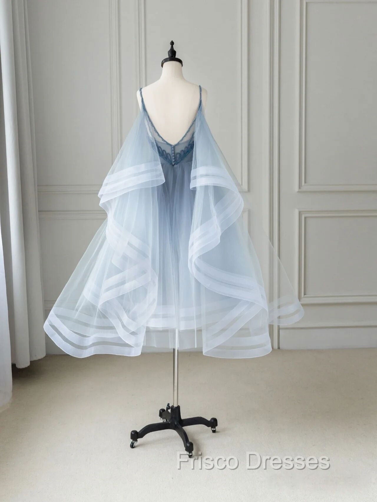 Blue V Neck Tulle Beads Short Formal Prom Dress, Blue Tulle Formal Dress
