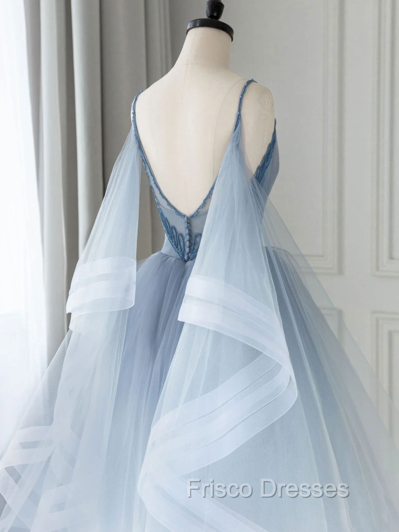 Blue V Neck Tulle Beads Short Formal Prom Dress, Blue Tulle Formal Dress