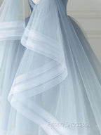 Blue V Neck Tulle Beads Short Formal Prom Dress, Blue Tulle Formal Dress