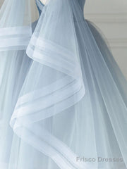 Blue V Neck Tulle Beads Short Prom Dress, Blue Tulle Formal Dress
