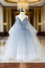Blue V Neck Tulle Beads Short Formal Prom Dress, Blue Tulle Formal Dress