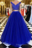 Blue v neck tulle beads two pieces long Formal Prom Dresses, blue evening Dresses