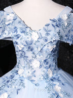 Blue V Neck Tulle Lace Long Formal Formal Prom Dress. Blue Sweet 16 Dress